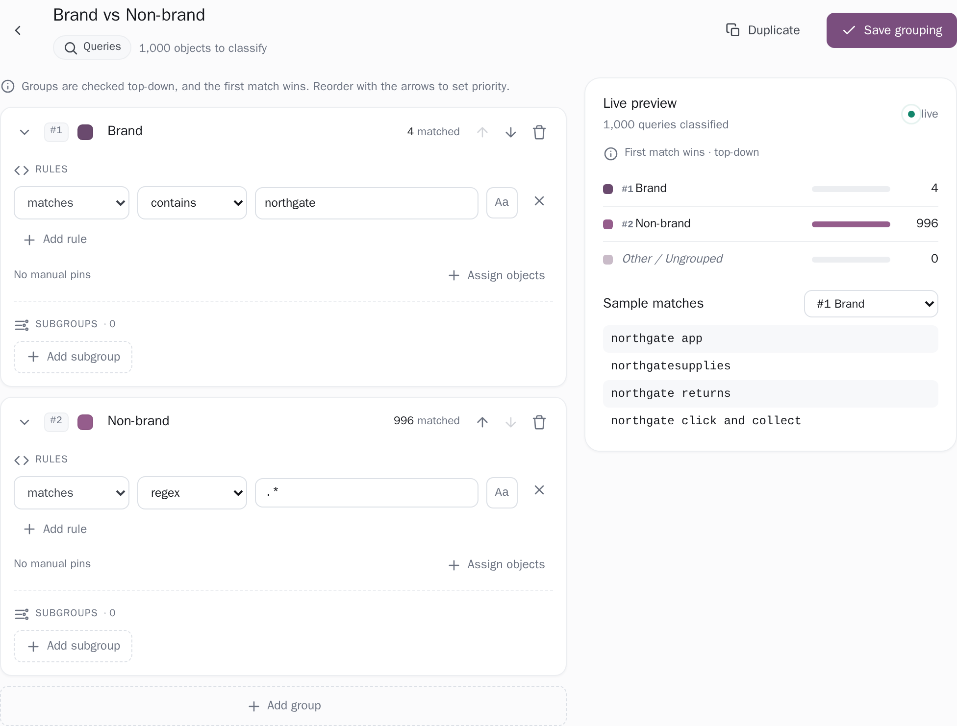 The grouping editor: groups in priority order, each holding the rules that fill it.