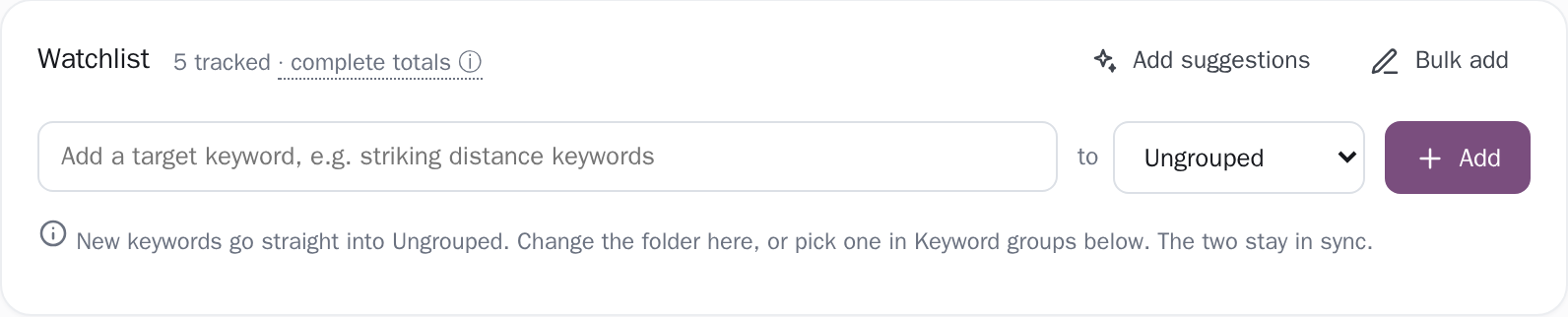 The tracked-keyword watchlist organised in folders, with the destination folder chosen as a keyword is added.